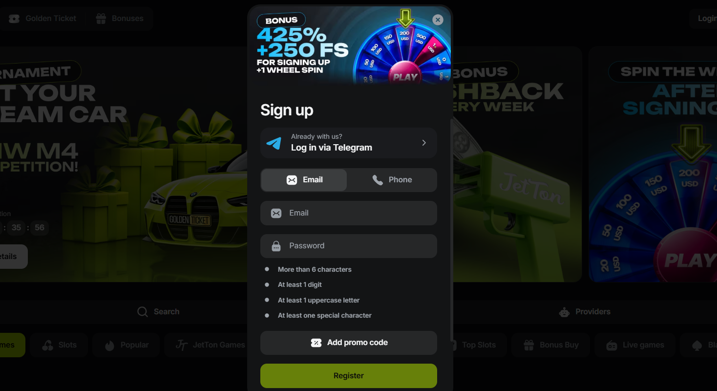 JetTon casino online registration form